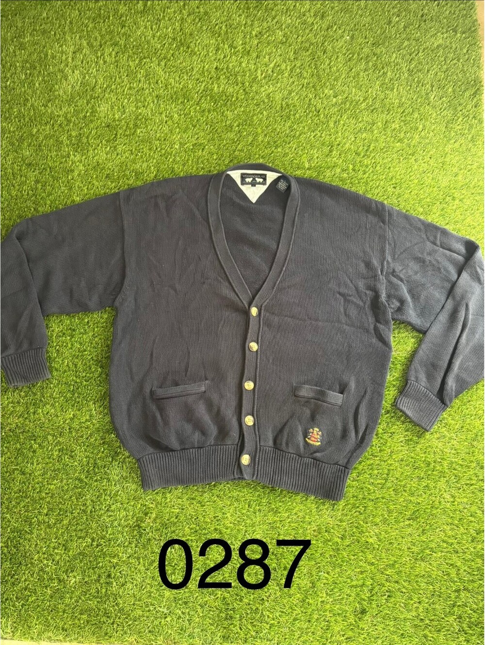 Vintage Woods & Gray Navy Blue V-Neck Cardigan Sweater with Crest Patch